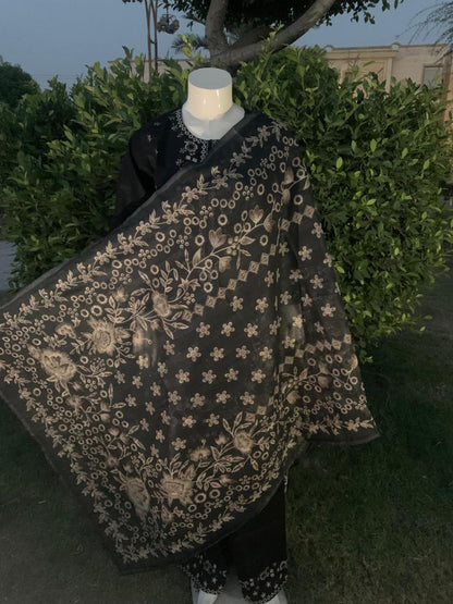 SAME THREAD 3PC COTTON EMBROIDRID WITH PRINTED DUPATTA.
