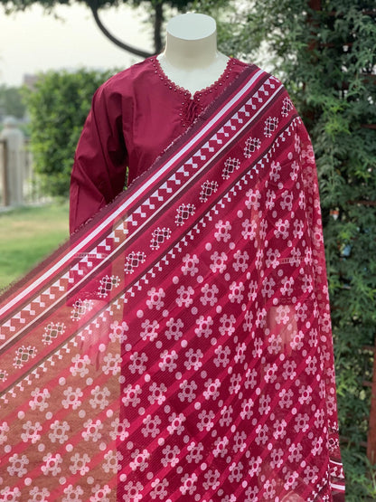 DORI GLA 3PC COTTON EMBROIDERIED & CUT WORK WITH PRINT DUPATTA